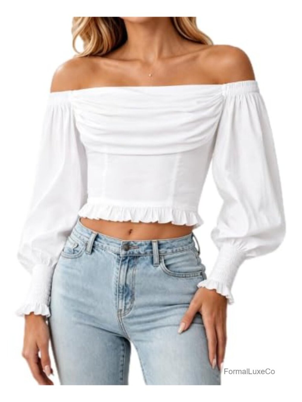Off Shoulder Crop Blouse Long Bishop Sleeve Ruched Woven